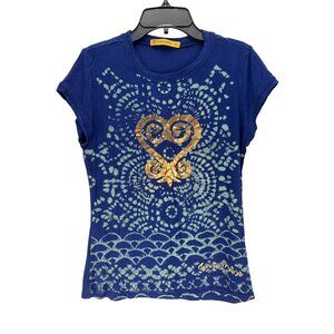 Ginger Mary Blue Graphic Tee Shirt Heart Print Boho Style Size 36 Casual